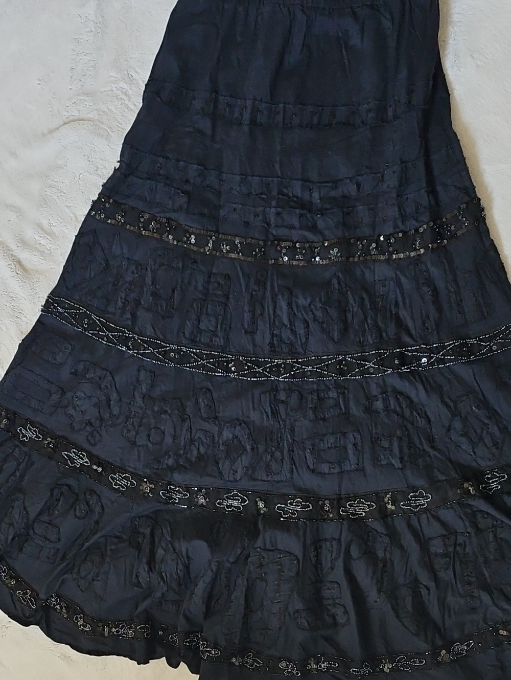 Chico’s Tuscan Crinkle Black Beaded Tiered Maxi Skirt – Boho Romantic